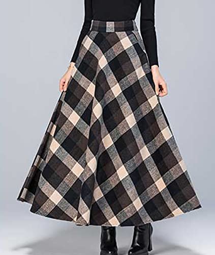 Femiserah Women's High Elastic Waist Long Maxi Woolen A Line Skirt Fall Winter Tartan Skirt3