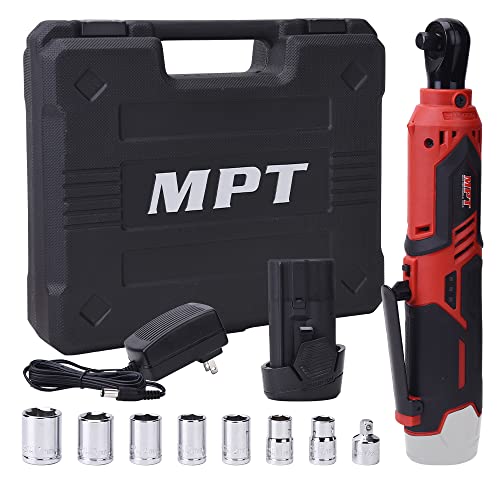 MPT Cordless Power Ratchet Wrench Set - 12V 3/8' 40Nm Impact Ratchet - Electric Socket Wrench - Battery Powered with 1 Hour Fast Charger, 7 Sockets and 1/4' Adaptor