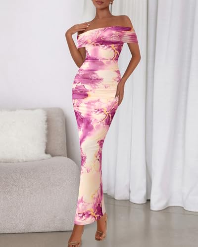 Image of BTFBM Cocktail Dresses for Women 2026 Elegant Classy Off Shoulder Bodycon Mesh Slit Floral Maxi Spring Summer Dress