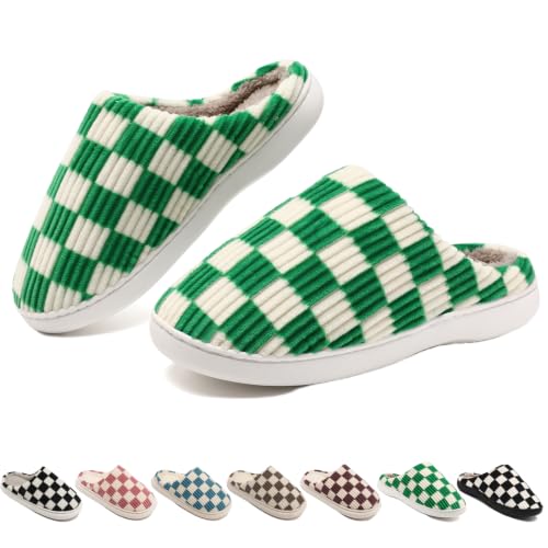 Image of Yueerlu House Slippers for Women Men, Fuzzy Checkered Mens Womens Slippers Warm Memory Foam House Shoes Indoor Outdoor with Faux Fur Lining