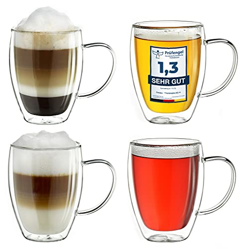 Creano doppelwandiges Thermoglas mit Henkel 400ml, großes Doppelwandglas aus Borosilikatglas, Kaffeegläser, Teegläser, Latte Gläser 4er Set Cover