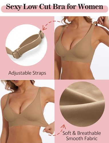 Image of Deep V Bra Wireless Sexy Push Up Bralette Padded Seamless Jelly Bra | Low Cut Plunge V-Neck, Wide Straps, Back Smoothing, Bras for Women No Underwire, Soft Comfortable Bralettes