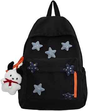 Cute Backpack Casual Daypack Purse, Star Embroidery Y2k Canvas Rucksack Travel Daily Shoulder Bag Kawaii Trendy Bags black