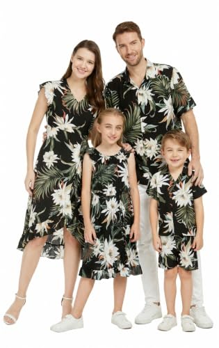 Image of Family Matching Hawaiian Clothes, Wispy Cereus Black | Lightweight 100% rayon • Family matching outfits • Tropical floral print • Beach vacations • Luaus • Cruises • Family photos