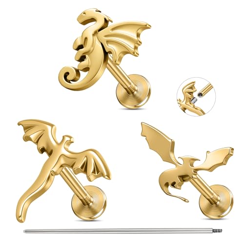 AccGin 3 Pcs Dragon Stud Earrings 16G 6mm Gold Flat Back Earrings Internal Thread Surgical Steel Cartilage Tragus Conch Helix Nose Lip Piercing Jewelry for Women Men