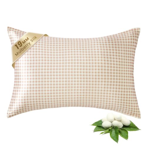 Image of THXSILK Mulberry Silk Pillowcase for Hair and Skin, Cooling Bed Pillow Cover with Hidden Zipper, Soft Smooth Print Silk Pillowcase Gifts for Women Men, 1pc (Queen 20 inchx30 inch, Khaki Plaid)
