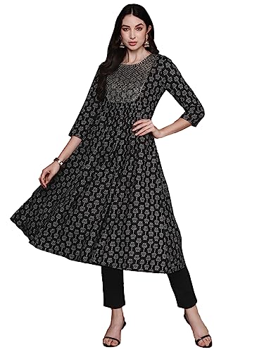 Image of ishin Women's Cotton Embellished Black A-Line Kurta