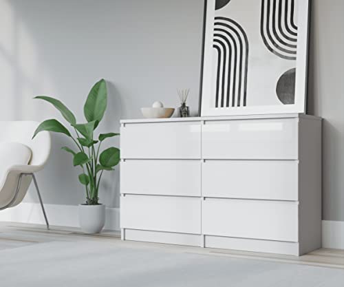 3E 3xE living.com Commode 6 tiroirs 138cm, Couleur: Blanc Mat/Blanc Brillant, Buffet Salon, Commode Chambre, Meuble de Rangement, Armoire Chambre Adulte, L: 138 cm, P: 39 cm, H: 79 cm