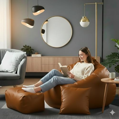 Image of Luxury 5XL Jumbo Bean Bag with Footrest & Cushion | Premium Leatherette | High-Density Beans Filled | Heavy Duty Double Stitch | 6 Months Warranty Color- (Navy Blue) (TAN)