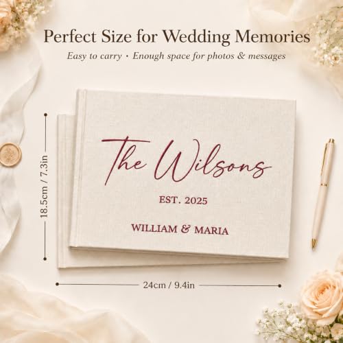 Image of Custom Embroidered Wedding Guest Book, Personalized Linen Hardcover | Guest Sign In Book with Custom Name Embroidery, Wedding Album Keepsake for Reception, Engagement and Bridal Shower