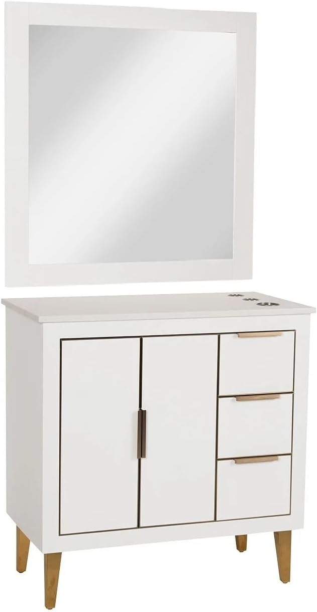 Buy-Rite Omega 36” White Salon Vanity Styling Station & 34"x36" Mirror - Quartz Countertop, Gold Trim, Solid Wood, Brass Legs, Built-in Appliance Holders, Preassembled, HMD-1833-36-WHT
