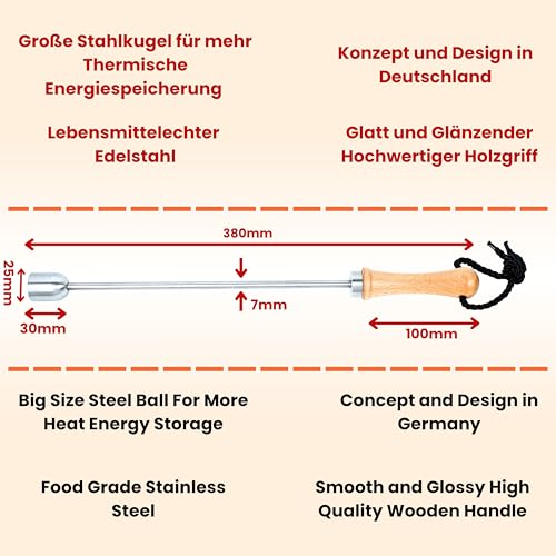 Bierstachel Beerspike Beer Caranelizer Bierkaramellisator Bierwärmer Echte Holz Griff, 100% Lebensmittel geeignete und rostfreiem Edelstahlkugel (beerSpike -2)