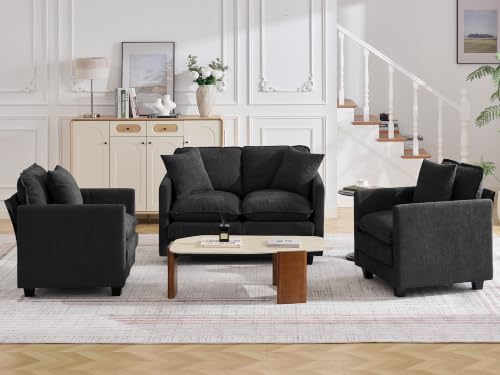 Image of Cloud 3 Pieces Sofa Set, 1+1+2 Seater Couch, Modern Sofas Sets with Deep Seat, Modular Sectional Couches Sets for Living Room, Bedroom, Small Apartment, Black