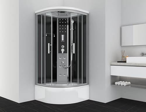 SANOTECHNIK Komplettduschkabine VITA 90×90×215cm – All-in-One Komplettdusche | ESG-Sicherheitsglas 5mm, 6 Massagedüsen, Touch-Radio, Klappsitz, Quick-Line Schnellmontage, CL97