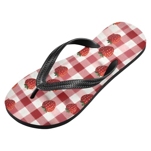Flip Flop Sandals Plaid Strawberry Print for Women Men Beach Outdoor XS2