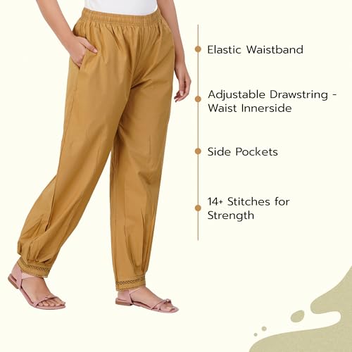 Image of Happy Bunny Women's Cotton Afghani Salwar with Lace Embroidery Detailing - Elastic Waist, Comfortable Loose Fit Bottoms for Casual, Ethnic
