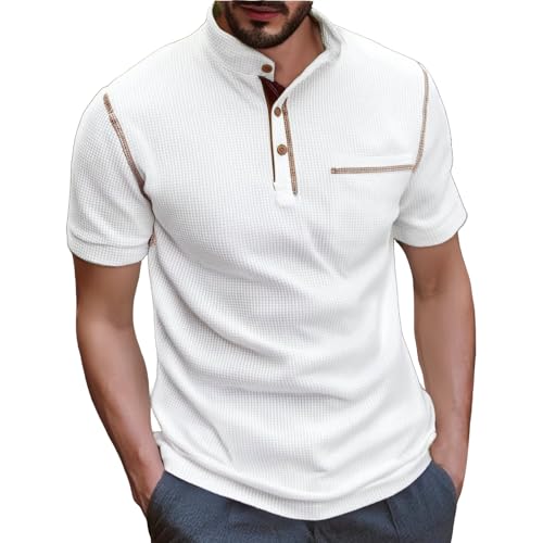 Camisa informal de manga corta con cuello en V para hombre, para primavera y verano, color liso, ajustada, para hombres altos, transpirable para uso diario, blanco, 3XL