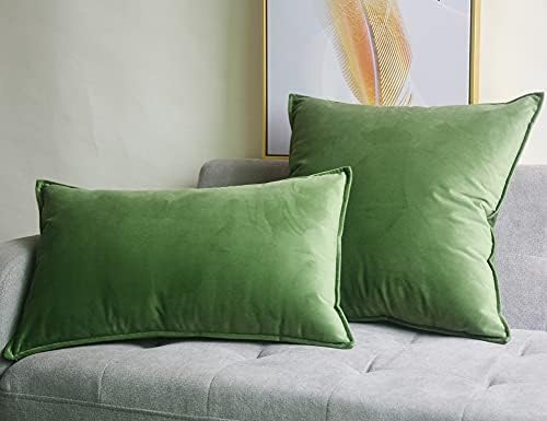 Lutanky Pack of 2 Velvet Cushion Covers Olive-Green Decorative Rectangle Throw Pillow Case Soft Flanges Pillowcases for Sofa Bedroom with Invisible Zipper 12x20 Inch 30 x 50 cm