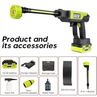 Cordless Pressure Washer Gun: 1000 PSI Portable Electric Washer for Vehicle, Driveway & Deck - Ergonomic Handle Design with 30min Runtime & 6-in-1 Nozzle