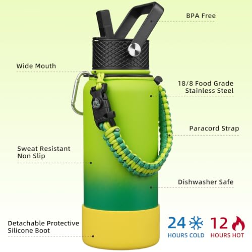 Image of BJPKPK 32oz Insulated Water Bottle with 3 Lids, Straw Lid & Handle