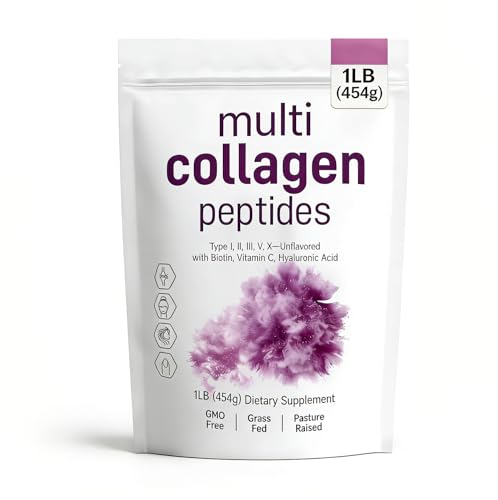 Multi Collagen Peptides Powder Hydrolyzed Protein Supplement with Biotin Vitamin C & Hyaluronic Acid Type I II III V X Grass Fed Unflavoured 454g (1LB)