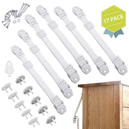 Furniture Anchors for Baby Proofing, 6-Pack Updated Two Movable Ends Anti-Tip Furniture Anchor, Bonus10 Outlet Covers & All Metal Mounting Hardwares, for Flat Screen TV, Dresser, Bookcase, Cabinets