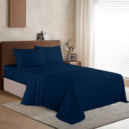 Image of Egyptian Comfort Coziest Bedding Set, Easy All Around Elastic Fitted Sheet, Deep Pocket up to 16inch, Microfiber, Navy Blue, King