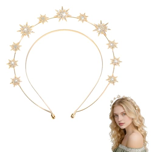 Eiodoni Gold Halo Headband Rhinestone Goddess Crown for Women Crystal Star Halo Crown Headpiece Sparkly Tiara for Bridal Wedding Cosplay Party & Prom Hair Accessories