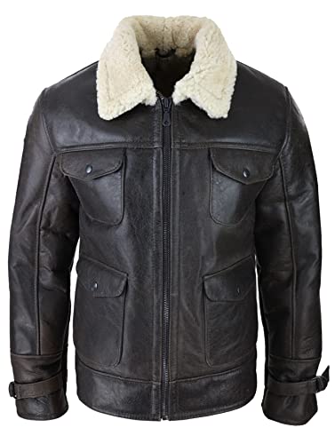 TruClothing.com Herren Lederjacke Shearling Schaffell Echt Braun Militär Warm Winter Braun Creme Schafsleder Jacke - braun 5XL