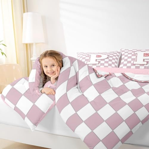 Image of Erosebridal Pink Initial P Comforter Set Full Kawaii Plaid Checkered Bedding Set Cute Personalized Monogram Comforter for Kids Girls Teen Women,Fashion Grids Gingham Quilt Duvet