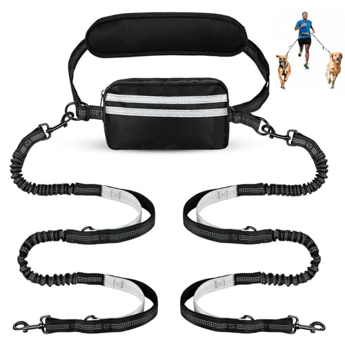 Hands Free Dog Leash with Pouch, Dual Attachment for Two Dogs, Retractable Bungee with Double Padded Handles, Waist-Mounted for Running,Walking, Jogging Friendly Dog Accessories (Black/Silver Gray) by petmix - Used condition - US$20.99