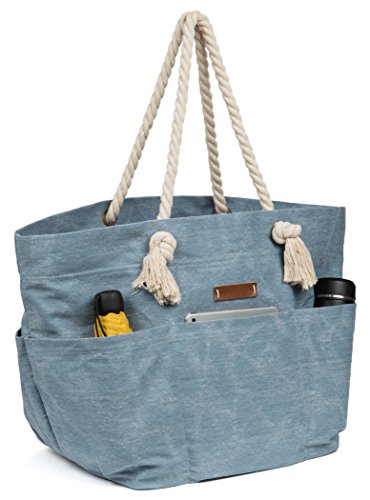 Malirona Large Canvas Beach Bag Shoulder Bags,6 pockets,44L, Weekend Holiday Perfect Bag