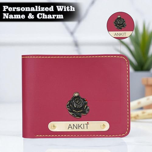 Image of The Wallet Store Personalised Leather Wallet for Men | Customised with Name and Charms | Best Gift for Husband, Boyfriend, Brother | for Anniversary, Birthday, Etc (Red)