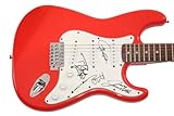 Tesla Band x4 Signed Autograph Full Size Red Stratocaster Electric Guitar A with James Spence Authentication JSA COA - Signed by Jeff Keith, Troy Luccketta, Tommy Skeoch, Brian Wheat - Mechanical Resonance The Great Radio Controversy Psychotic Supper Bust A Nut Into the Now Real to Reel Real to Reel, Vol. 2 Forever More Twisted Wires & the Acoustic Sessions Simplicity Shock