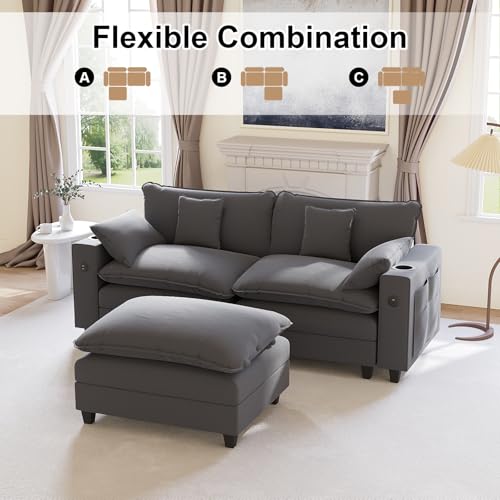 Image of KCGKCG 80.7 inch Modular Sectional Couch, L Shaped Cloud Sofa with Movable Ottoman, Chenille Deep Seat Cloud Couch with Charging Station, Cup Holder, Side Pocket, Sectional Couches for Living Room, Grey