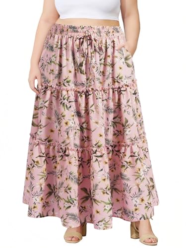 Image of Moon Wood Plus Size Maxi Skirts for Women Trendy Long Flowy Boho Tiered Skirt Renaissance Summer Beach Skirt with Pockets