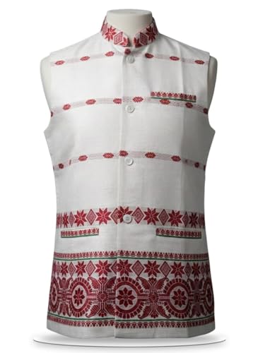 Generic Adivasi Waistcoat for Men, White, Floral Pattern - Image 3
