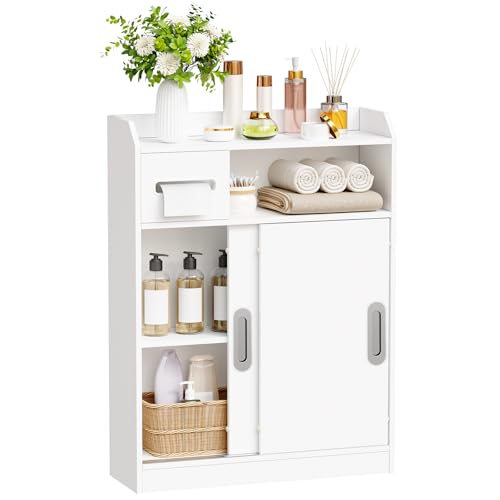 BEWISHOME Badezimmerschrank,Badschrank mit Schiebetüren und Versenkten Griffen,Nischenschrank Platzsparend für Badezimmer,Badschrank mit Toilettenrollenhalter & Verstellbarem Regal,20x60x80cm,Weiß