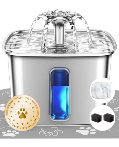 Veken Innovation Award Winner Stainless Steel Cat Water Fountain, 108oz/3.2L Automatic Pet Fountain Dog Water Dispenser with Replacement Filters & Silicone Mat for Cats, Dogs, Multiple Pets (Silver)