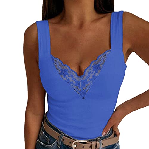 Femme Débardeur en Dentelle Cami Top Eté Dentelle Col en V Gilet Solide sans Manches Décontractée Réservoir Chemisier Hauts Tee Shirt (Blue, M) Cover