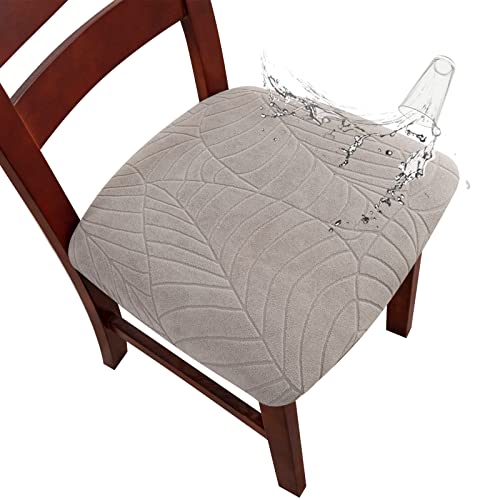 Genina Waterproof Seat Covers for Dining Room Chairs, Stretch Chair Covers Removable Washable Dinning Room Kitchen Chair Seat Cushion Slipcovers (Leaves-Warm Gray, 2 PCS)