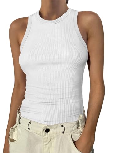 Recopilación y reviews de Blusa blanca manga Top cinco. 35 ANRABESS - playera sin mangas de cuello alto para mujer, estilo casual, de verano, básica, entallada, acanalada, con espalda cruzada, blusas, Blanco, Small