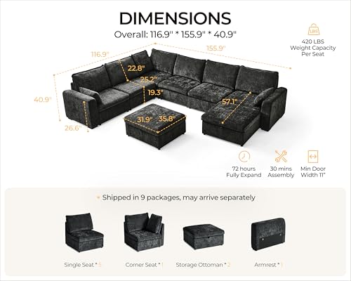 Image of 155.9'' Oversized Modular Sectional Sofa Plush Cloud Couch with Storage, Convertible Deep U-Shaped Couch with Chaises for Living Room, 6-Seater with Corner and 2 Ottomans, Chenille, Black
