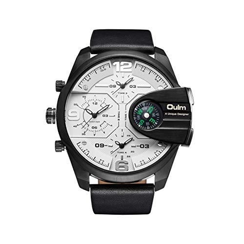 Kuqiqi Reloj multifunción, Zona de Tiempo múltiple, Reloj de Cuero Impermeable Casual, brújula HP3790 (Color : Black and White)