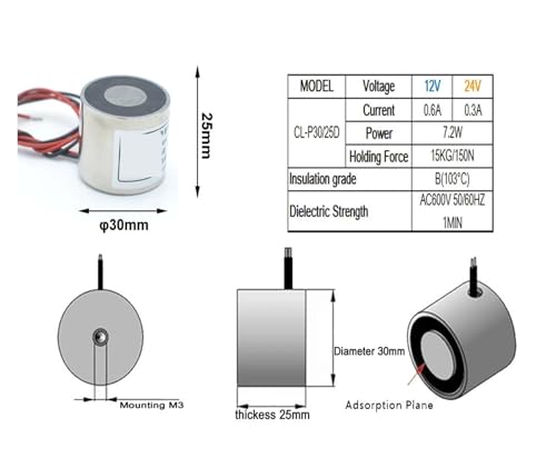 Électroaimant ventouse solénoïde 15kg 24V cylindrique aimant industriel D30