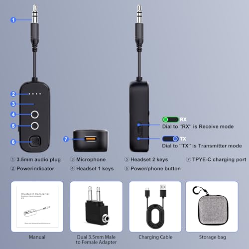 Bluetooth Transmitter Receiver with Airplane Adapter: Wireless Audio Transmitter for 2 AirPods/Headphones - 20+ Hr Battery Works USB Charging with 3.5mm Jack AUX for Flight,Gym,Car,TV,Tablet,Travel - image 9