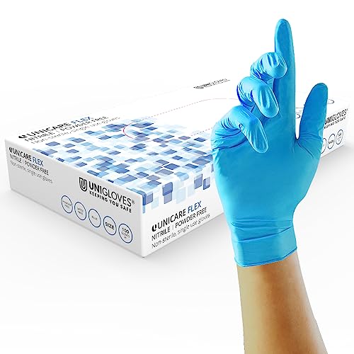 UNIGLOVES Unicare Flex Nitrile Multipurpose Disposable Gloves, Powder Free, Ultra Lightweight, Box of 100 Gloves in Blue, Size Small (GS0212)