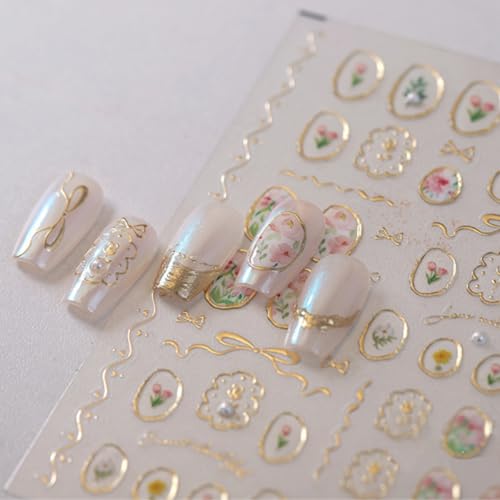 Matomtak ネイルシール チューリップ 花 ネイルステッカー パール リボン ネイルアートステッカー 自己粘着ネイルパーツ シール 防水3D立体感 人気 DIY ネイルデコレーションのサムネイル