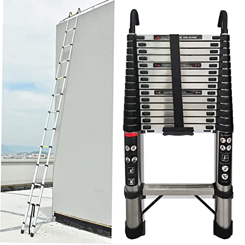 Telescopic Ladder 4.4M/14.5FT Stainless Steel Extension Ladder with Stabilizer Bar & Detachable Hooks, Multi Purpose Extendable Loft Ladder Portable Folding Ladder, 15 Steps, Max Load 150kg, EN131