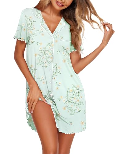 Image of Ekouaer Nightgowns for Women Button Down Sleep Shirt Short Sleeve NightShirts Boyfriend Sleepdress Soft Pajama Dress